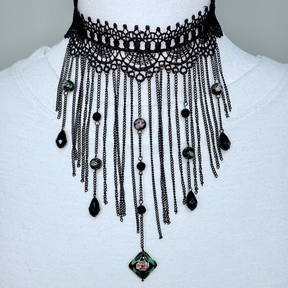 Handmade Jewelry - Lace Choker Necklace with Cloisonne Beaded Fringe #49